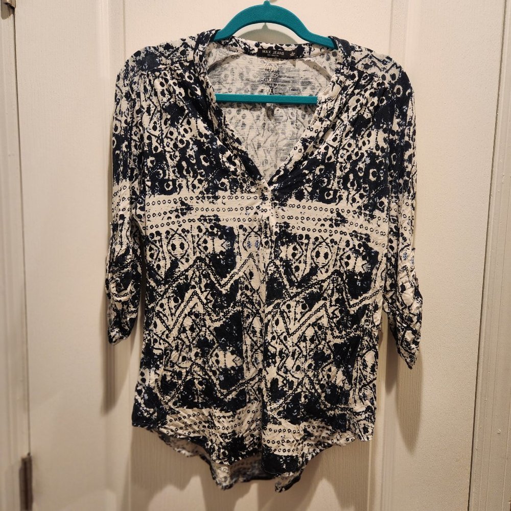 Max Jeans Women's 3/4 Sleeve Navy Blue & White Pattern Shirt Size Large